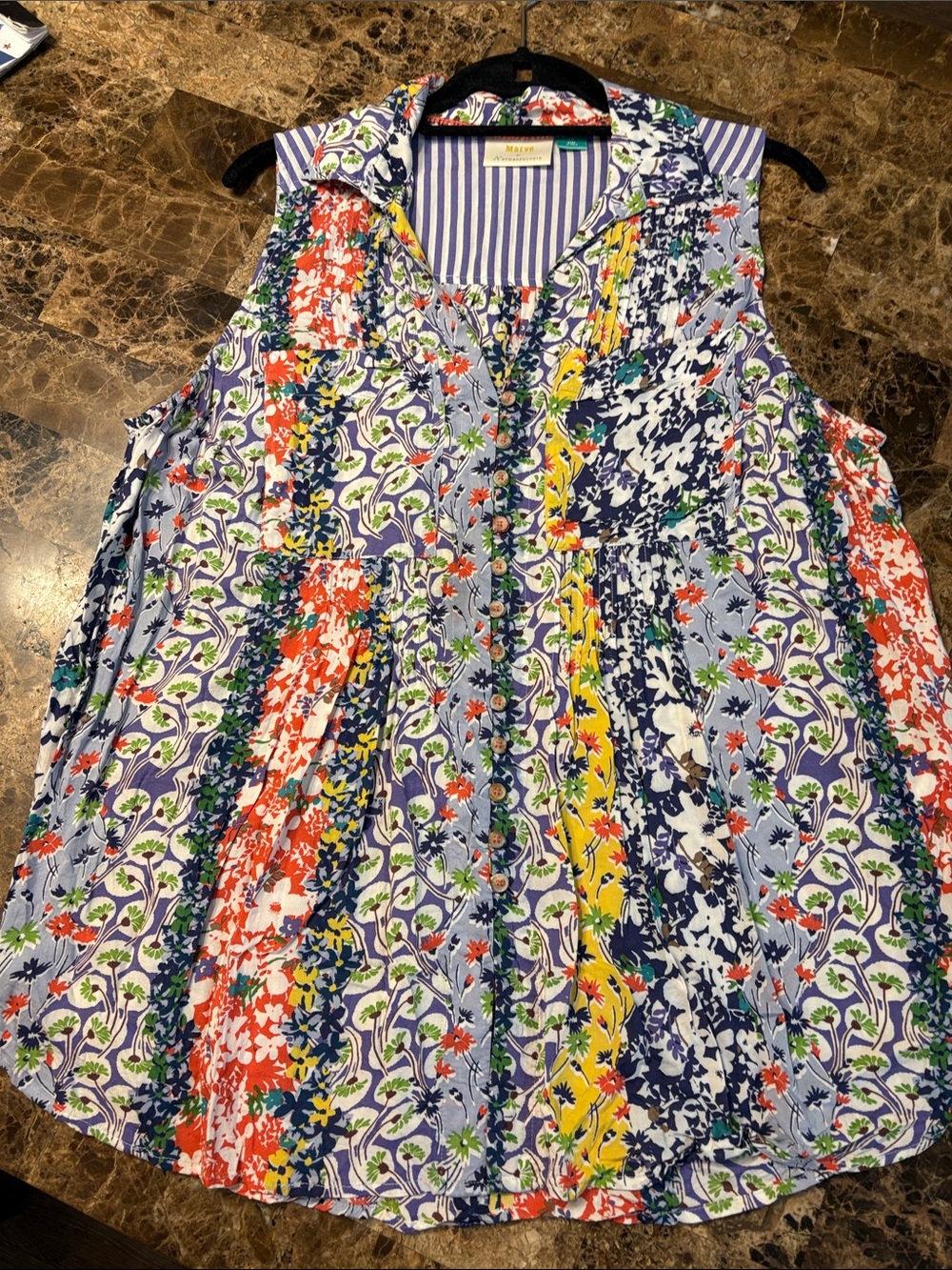 Maeve Floral Patchwork Sleeveless Button-Front Tank - Blue, Yellow, Red, Green